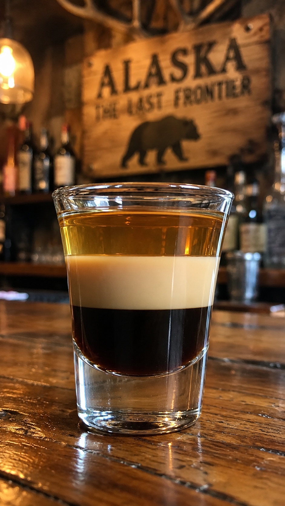 Layered Duck Fart shot with coffee liqueur, Irish cream and whisky on a rustic bar with an Alaska mountain view in the background.