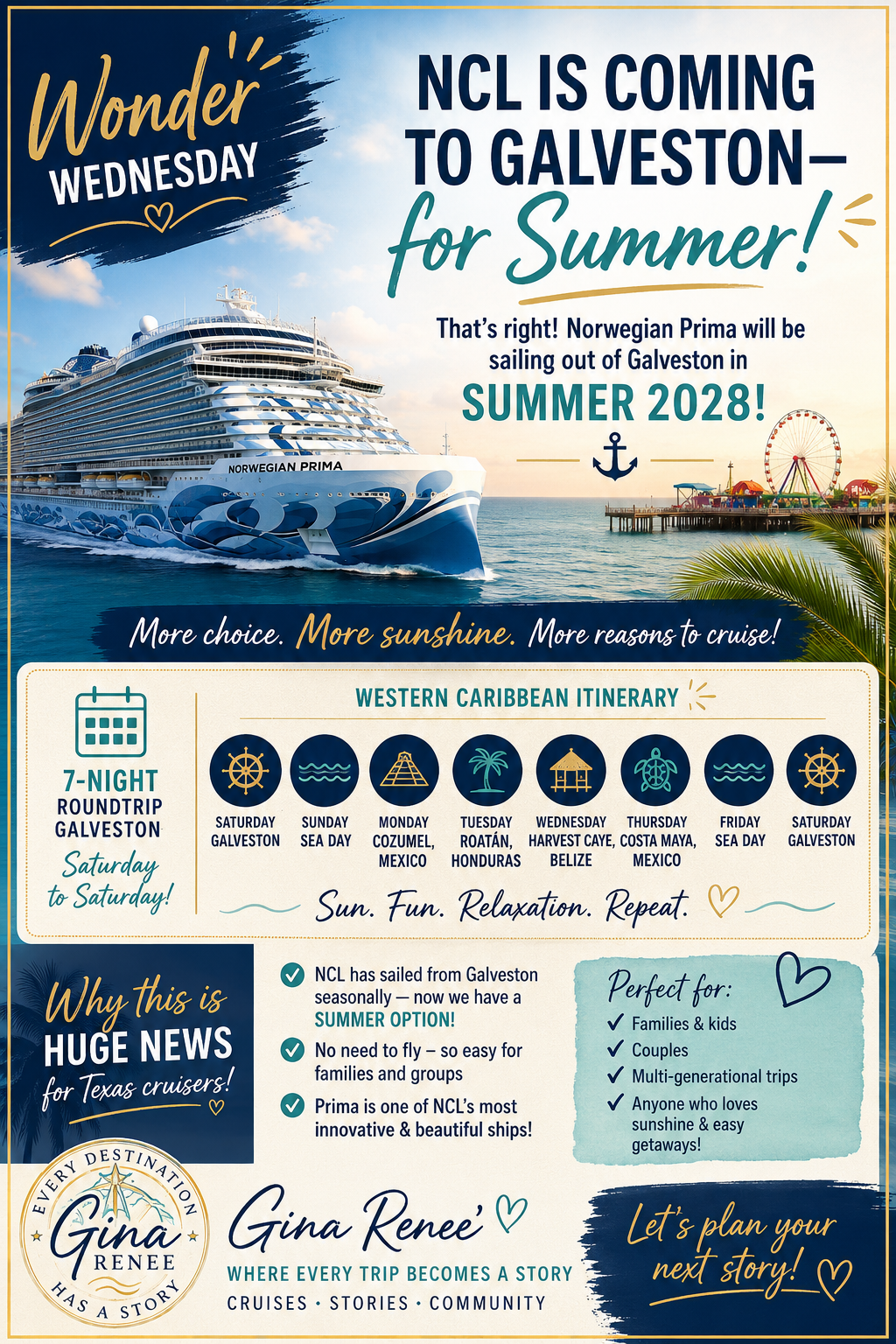 Norwegian Prima Summer 2028 Galveston cruise infographic showing a 7-night Western Caribbean itinerary to Cozumel, Roatán, Harvest Caye and Costa Maya.