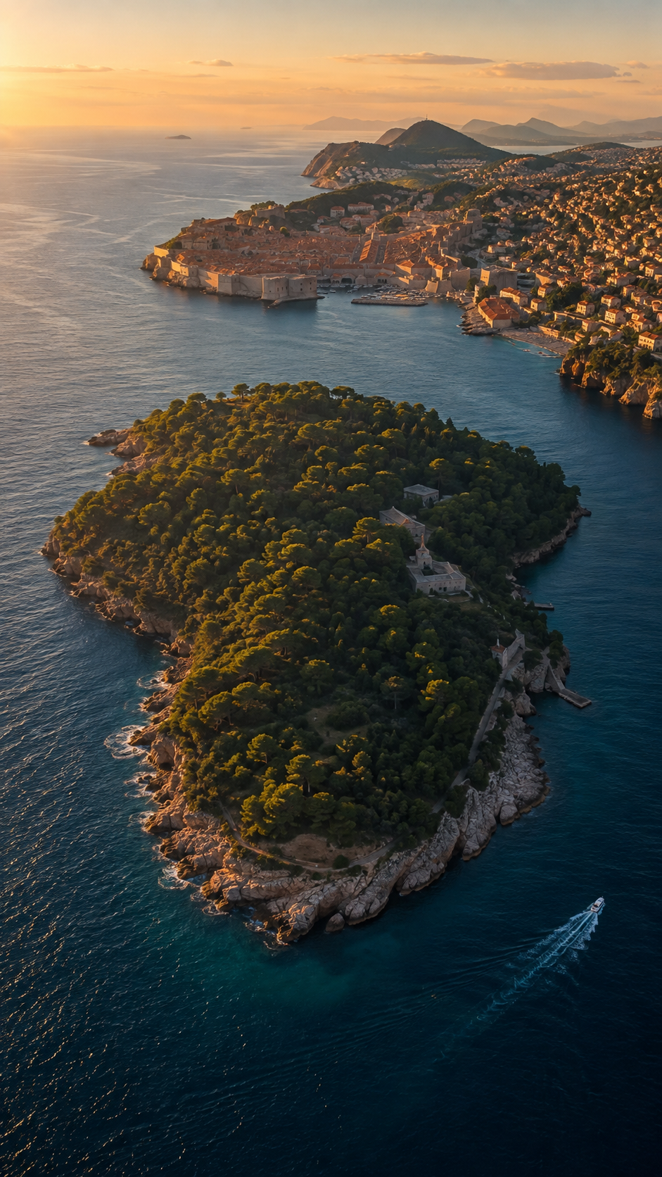 Aerial view of Lokrum Island and the historic walled city of Dubrovnik along Croatia’s Adriatic coast.