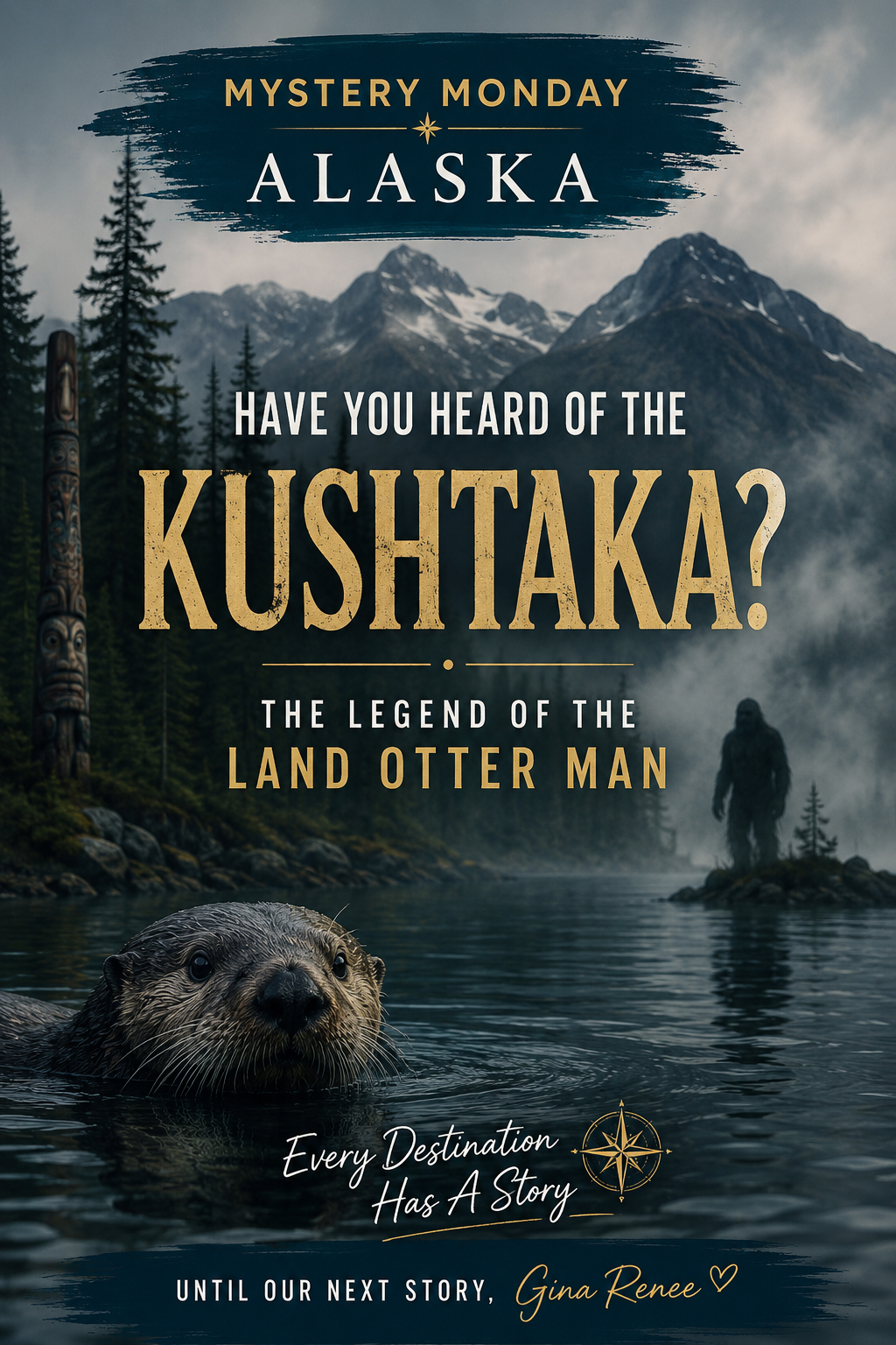 Misty Southeast Alaska landscape with an otter and mysterious humanlike figure representing the Kushtaka, the Land Otter Man of Tlingit tradition.