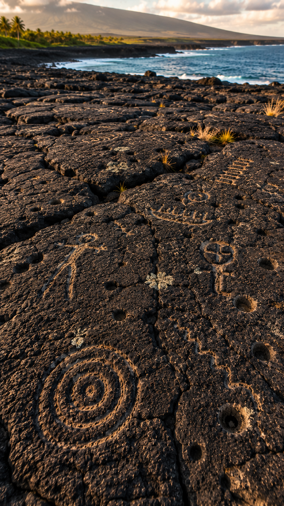 Ancient Hawaiian style petroglyph carvings across a volcanic lafa field beside the coast, representing the story of Pu'uloa on Hawaii Island.