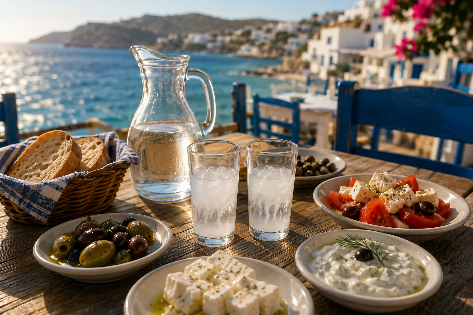 Greek taverna table by the sea with a water pitcher, two glasses of cloudy ouzo, bread, olives, feta and tzatziki
