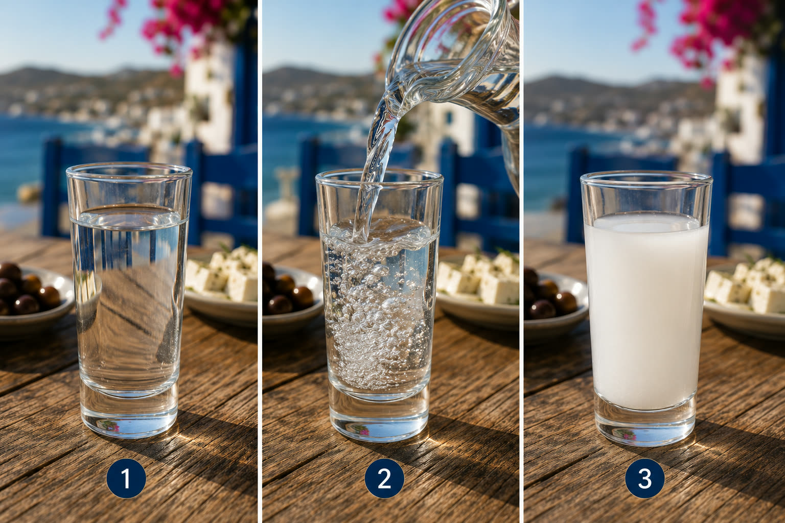 Three-stage sequence showing clear ouzo, water being poured in, and the finished milky white glass