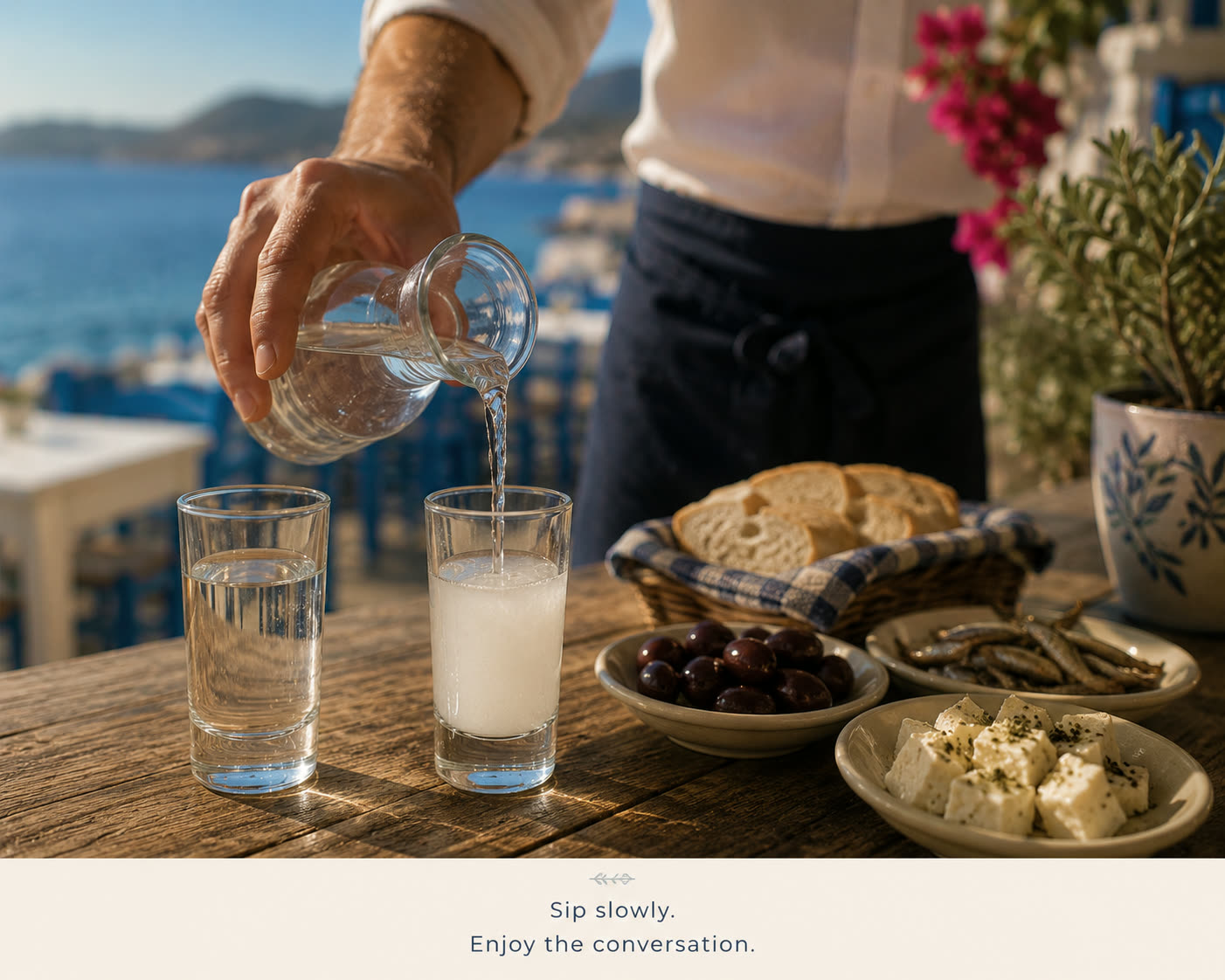 A taverna host pouring water into a glass of ouzo beside plates of olives, anchovies, feta and bread