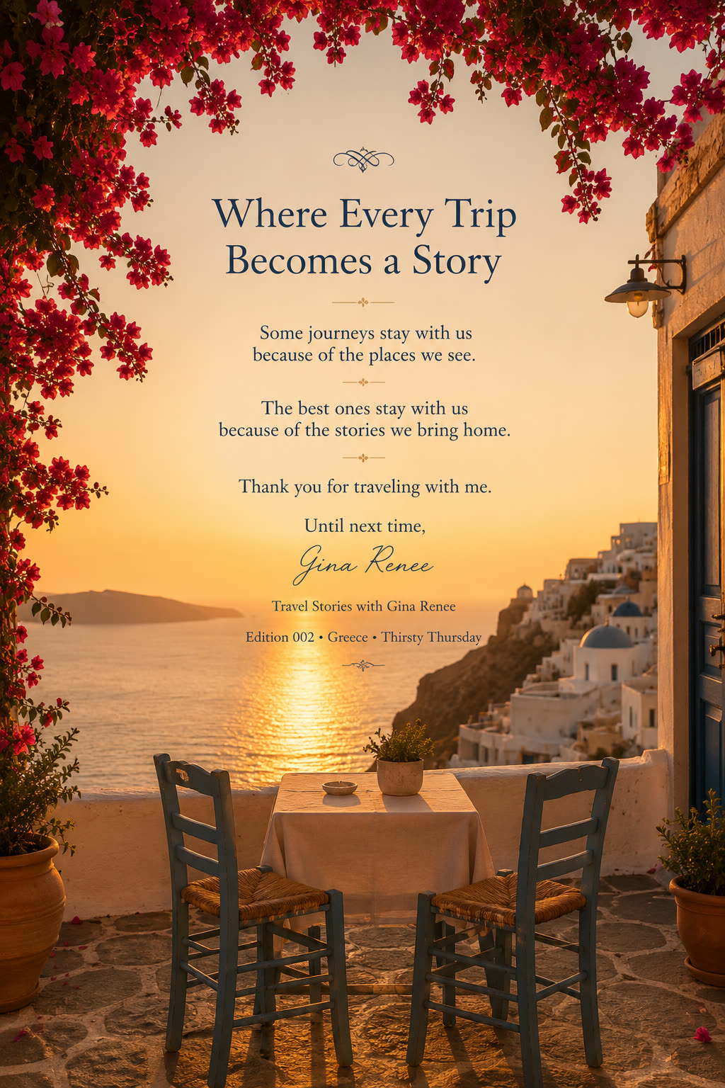 Sunset terrace in Greece with bougainvillea framing the words Where Every Trip Becomes a Story, signed Gina Renee, Edition 002