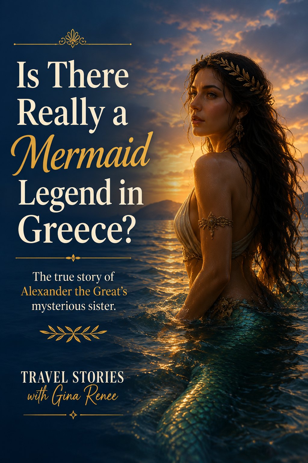 Illustration of Thessalonike as a mermaid rising from the moonlit Aegean Sea beside a sailing ship