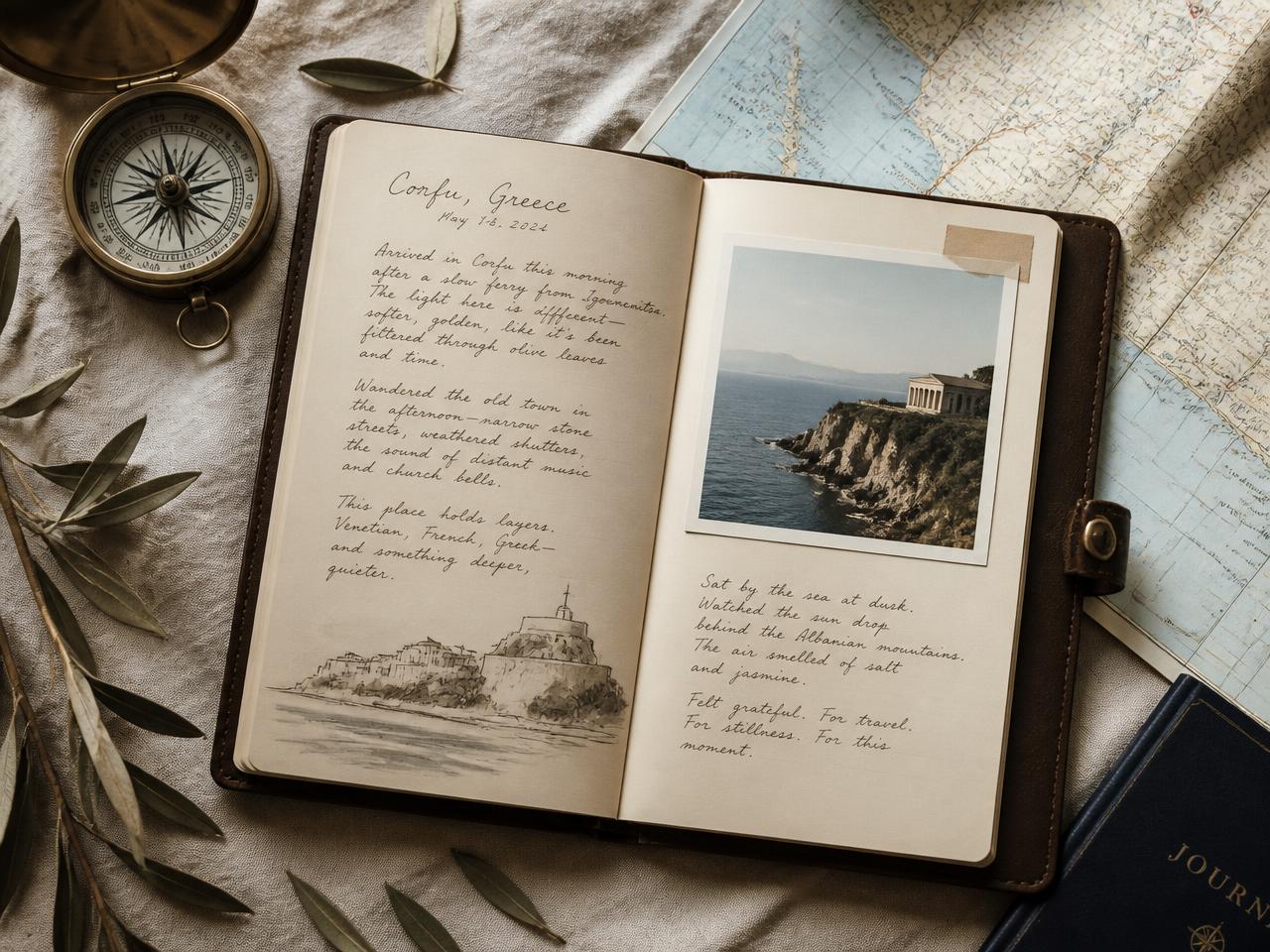 A travel journal, passport and fountain pen on a linen surface